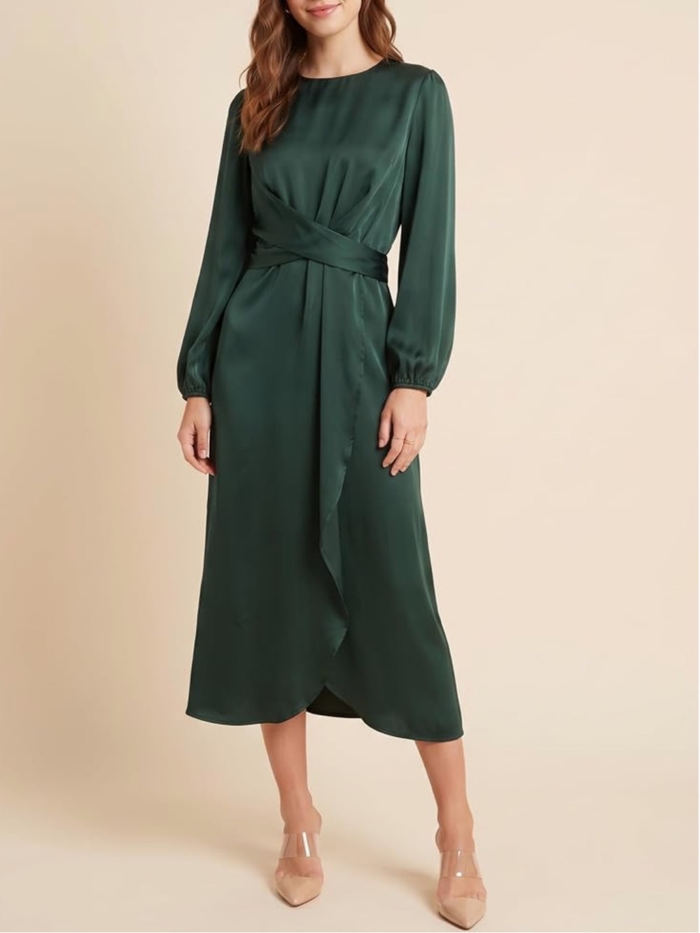 Elegant Emerald Satin Long Sleeve Midi Dress